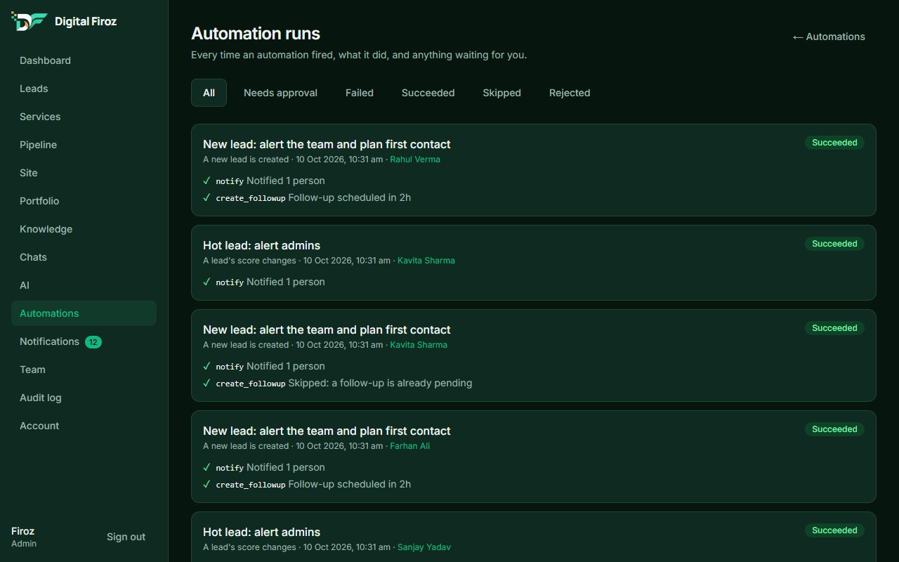 Automations with a human in control: screenshot with sample data