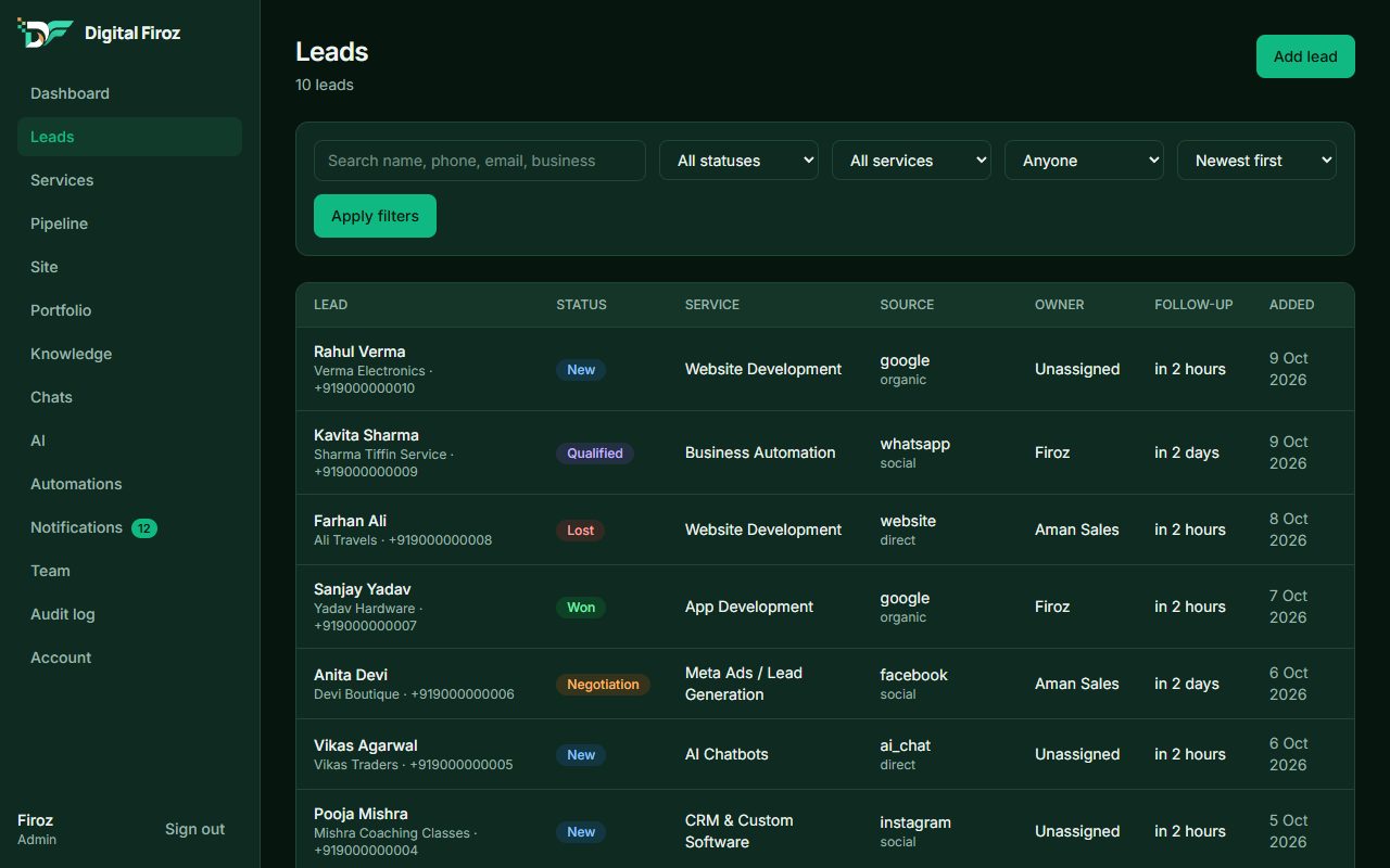 Every lead in one place: screenshot with sample data
